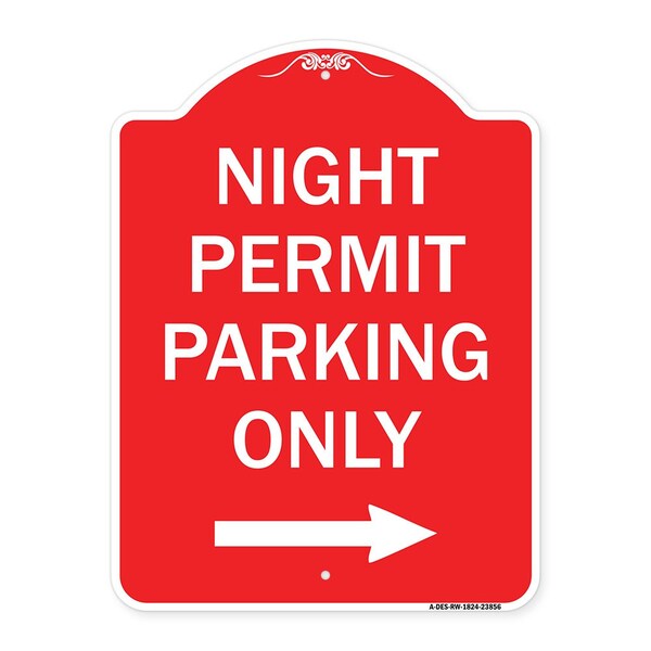 Signmission Night Permit Parking W/ Right Arrow, Red & White Aluminum Sign, 18" x 24", RW-1824-23856 A-DES-RW-1824-23856 - main